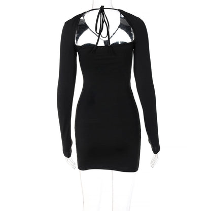 Strappy Halter Mesh Panel Cutout Long Sleeve Bodycon Mini Dress