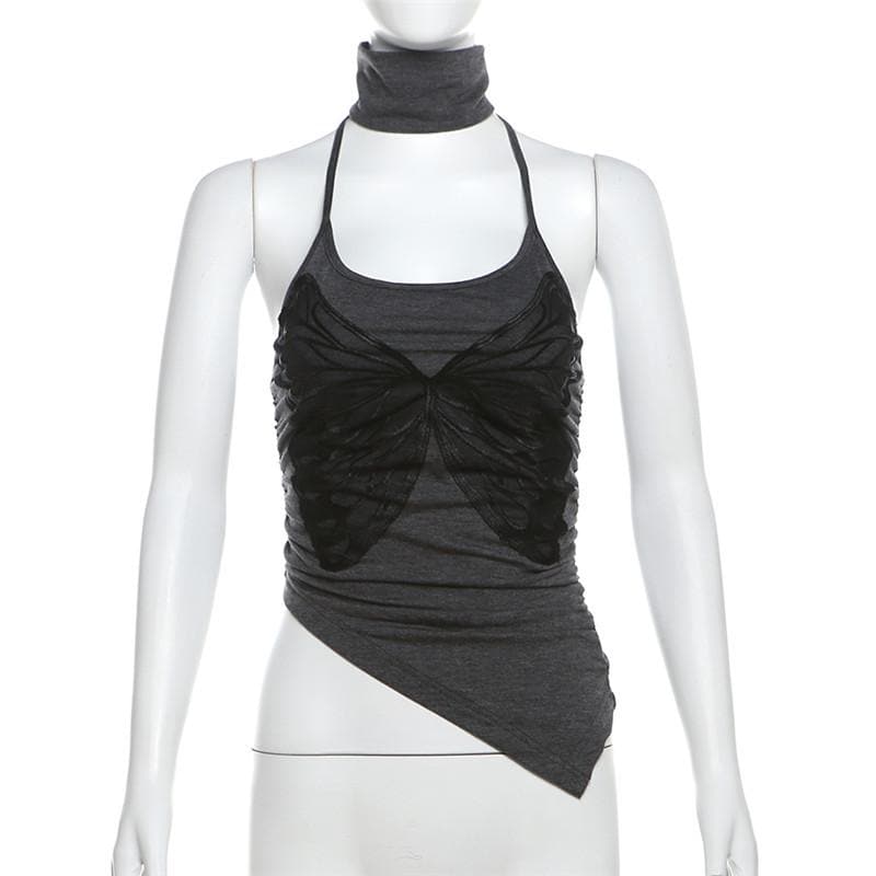 Halter high neck butterfly print irregular top