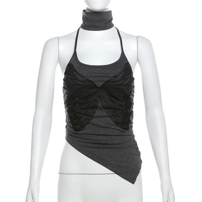 Halter high neck butterfly print irregular top