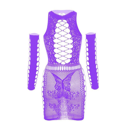 Gloves lace fishnet diamond pattern mini dress