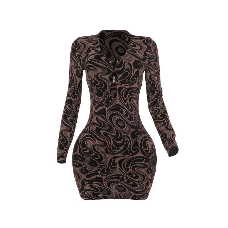 Long sleeve v neck hollow out ripple print cut out mini dress