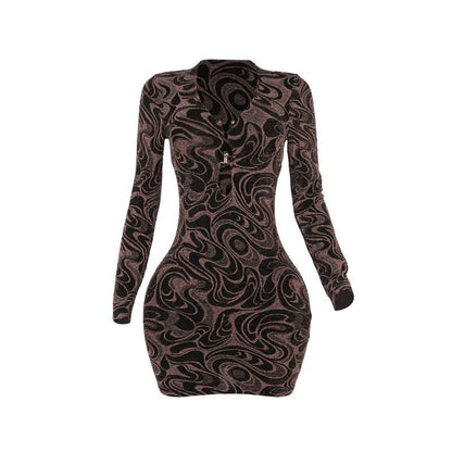 Long sleeve v neck hollow out ripple print cut out mini dress