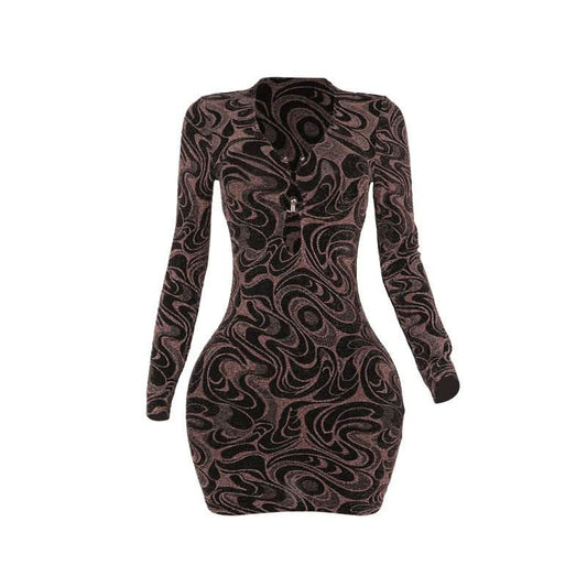 Long sleeve v neck hollow out ripple print cut out mini dress