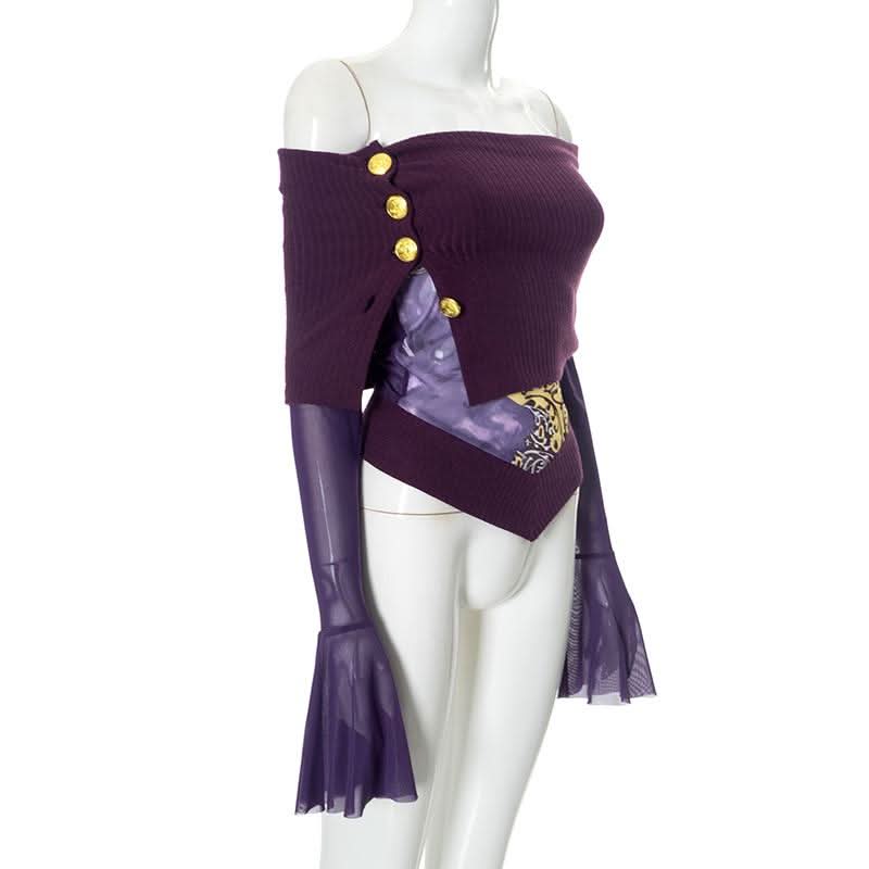 Long flared sleeve irregular mesh patchwork print top