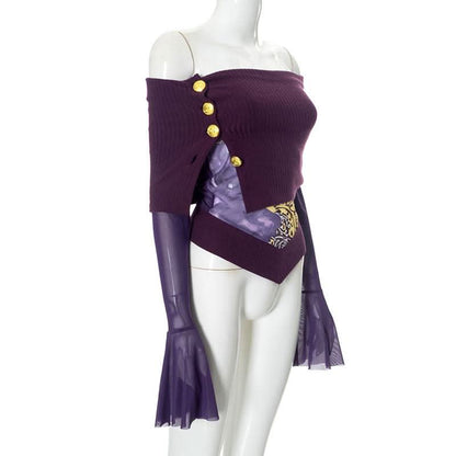 Long flared sleeve irregular mesh patchwork print top