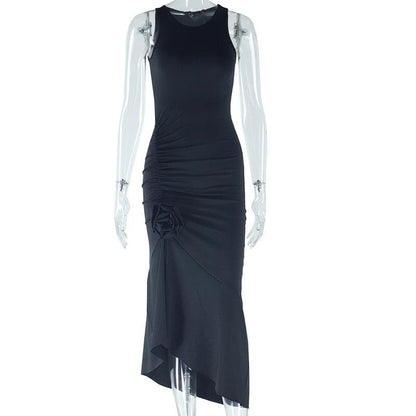 U neck flower applique ruffle ruched tank midi dress
