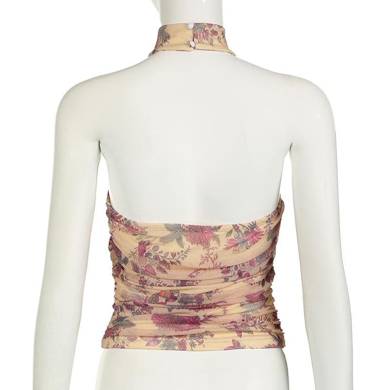 Halter button backless print ruched top