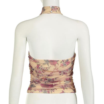 Halter button backless print ruched top