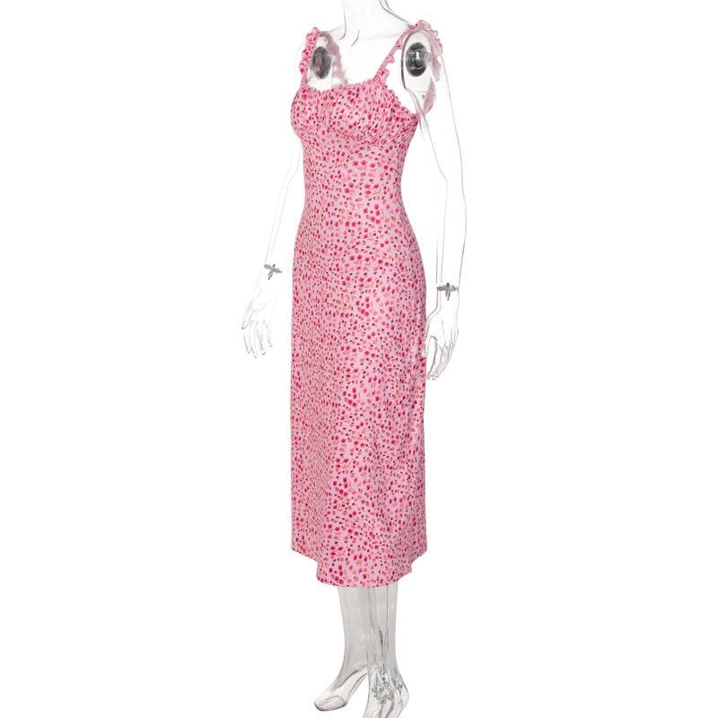 Ruffle Strap Ruched Bust Ditsy Floral Bodycon Midi Dress