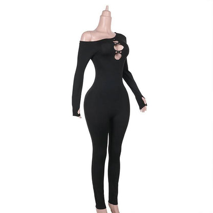 Irregular long sleeve hollow out gloves jumpsuit
