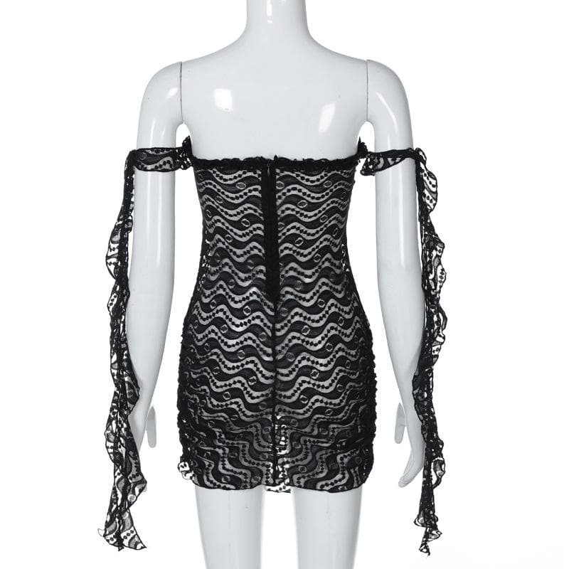 Off shoulder ruffle lace bowknot see through mini dress