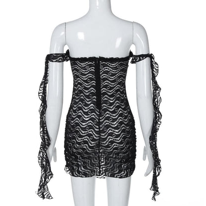 Off shoulder ruffle lace bowknot see through mini dress