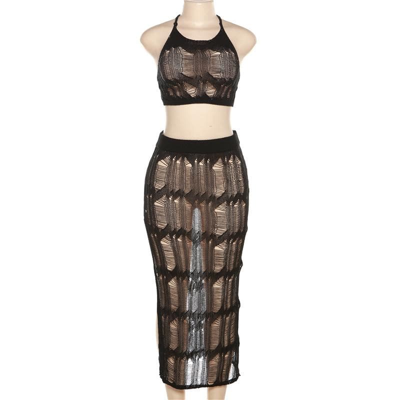 Crochet solid halter self tie see through slit midi skirt set-final-sale