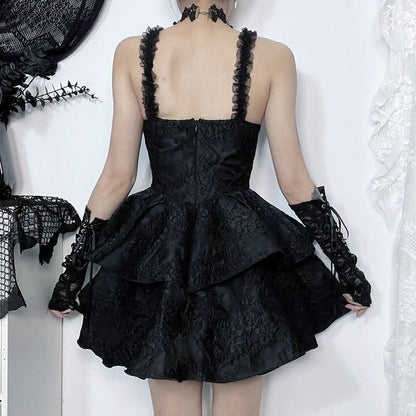 Ruffle zip-up cross applique square neck mini dress