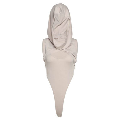 Hoodie sleeveless cross front hollow out bodysuit