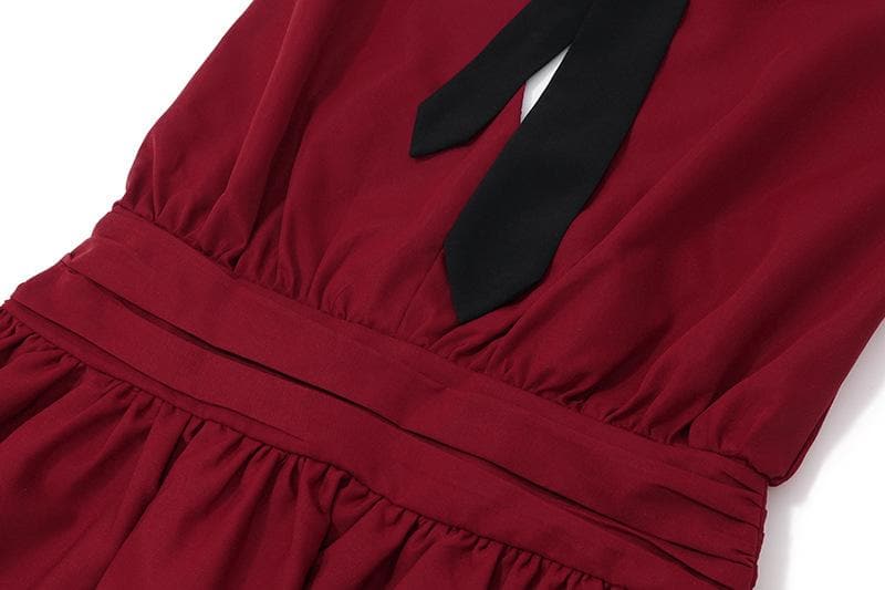 Halter deep v neck ruched backless tie applique mini dress