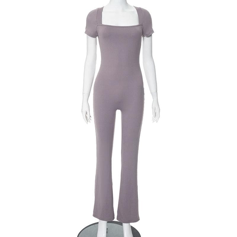 Short sleeve square neck zip-up solid jumpsuit