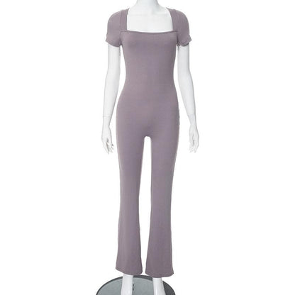 Short sleeve square neck zip-up solid jumpsuit