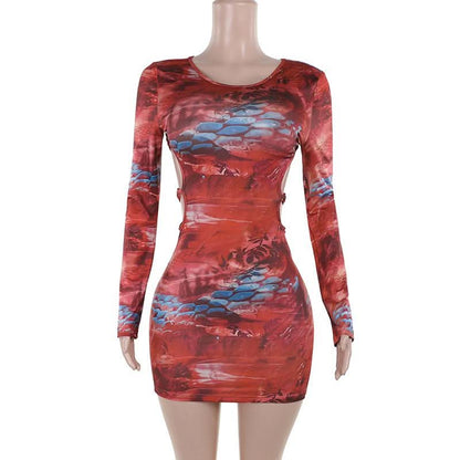 Long sleeve o ring cross front abstract mini dress