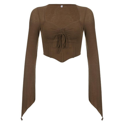 Long sleeve solid drawstring ruched self tie crop top