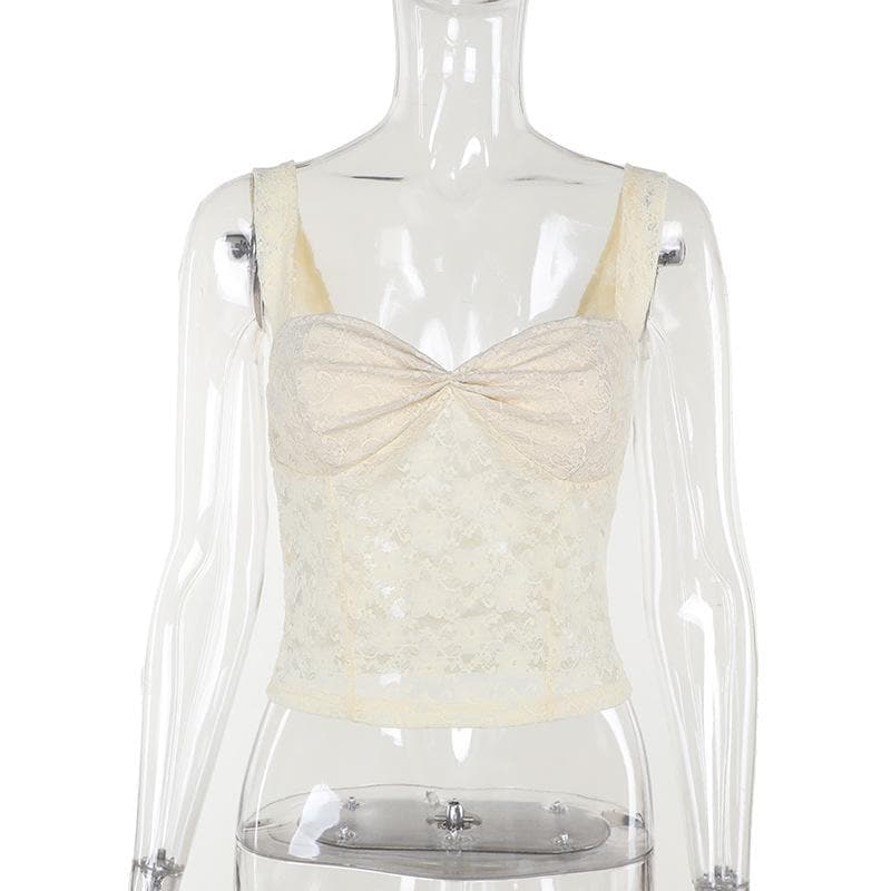 Ruched sweetheart neck lace see through cami top