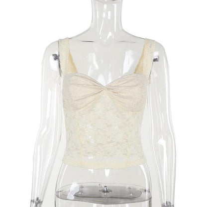 Ruched sweetheart neck lace see through cami top