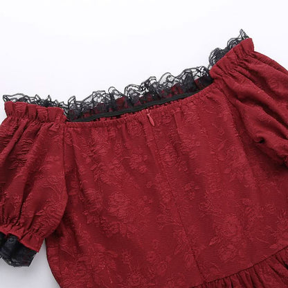 Off shoulder short sleeve lace hem ruffle bowknot mini dress