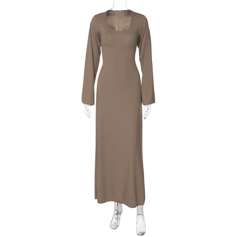 Long sleeve u neck ribbed solid maxi dress