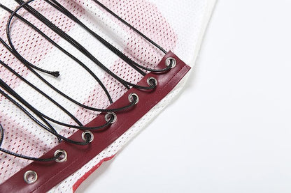 Halter cowl neck "06" print lace up top