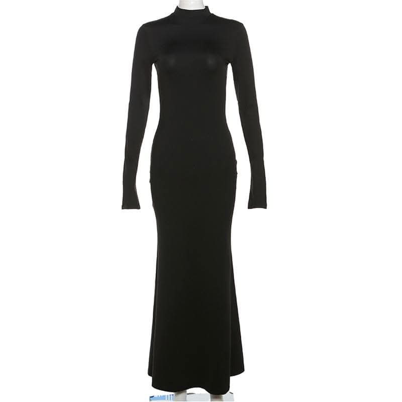 Backless high neck long sleeve solid maxi dress-final-sale