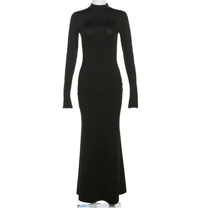 Backless high neck long sleeve solid maxi dress-final-sale
