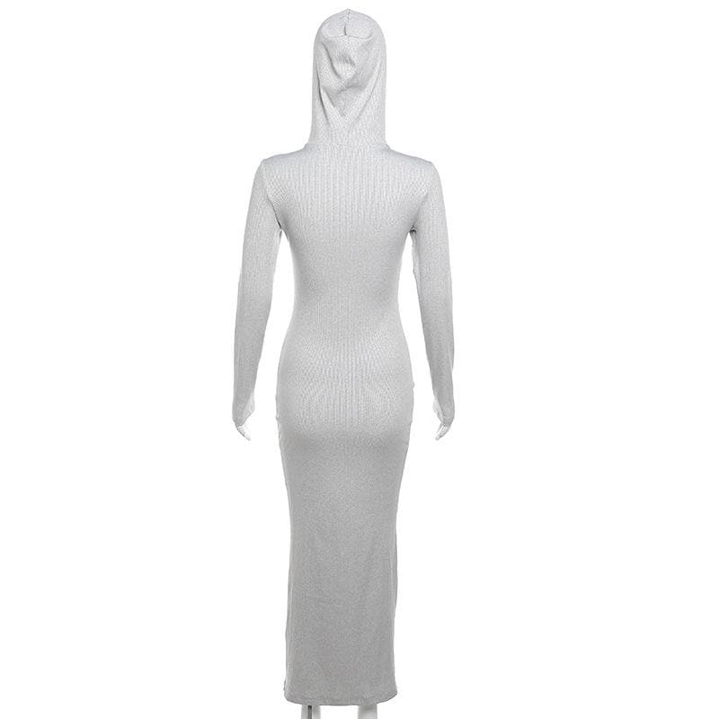 Hooded Zip Front Ribbed Panel Bodycon Maxi Dress