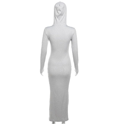 Hooded Zip Front Ribbed Panel Bodycon Maxi Dress