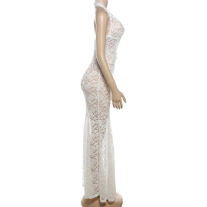 Halter lace see through hollow out cut out maxi dress