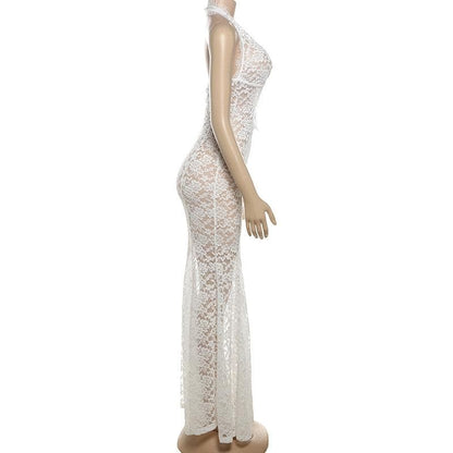 Halter lace see through hollow out cut out maxi dress
