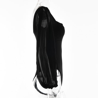 Solid v neck long sleeve mesh backless bodysuit