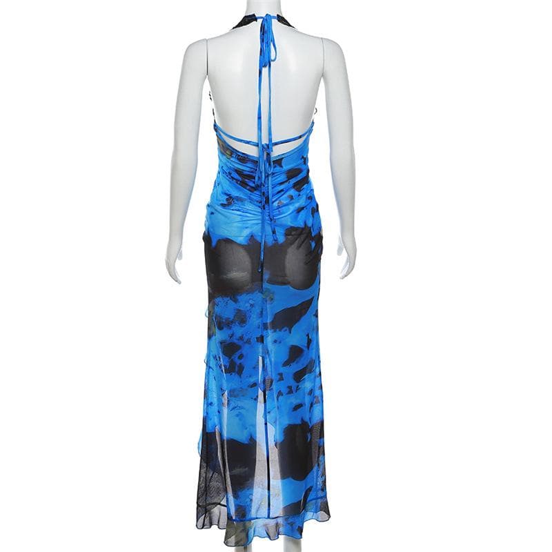 Self tie halter lace hem irregular backless contrast maxi dress