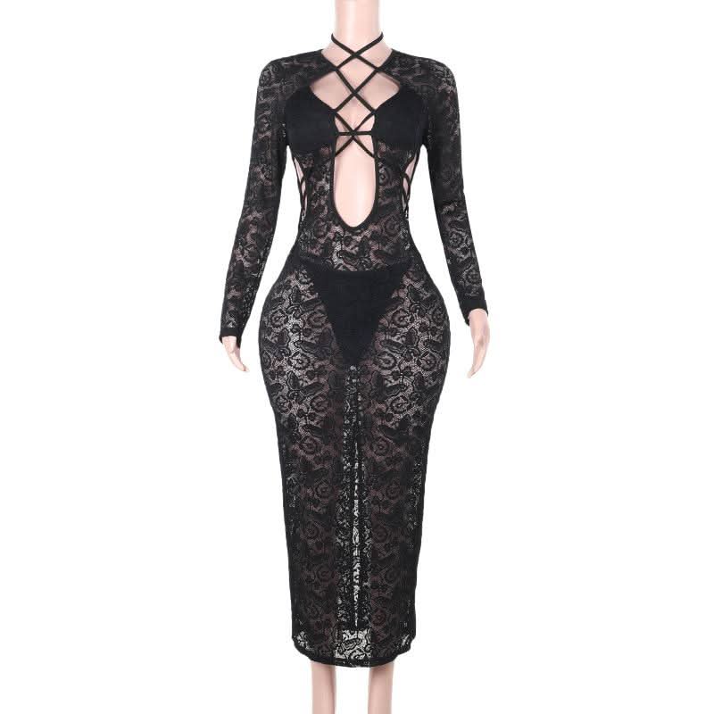 Lace long sleeve hollow out cross front cut out maxi dress