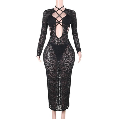 Lace long sleeve hollow out cross front cut out maxi dress