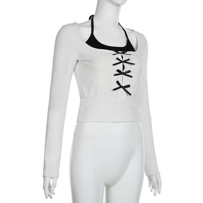 Long sleeve bowknot halter ruched 2 piece top