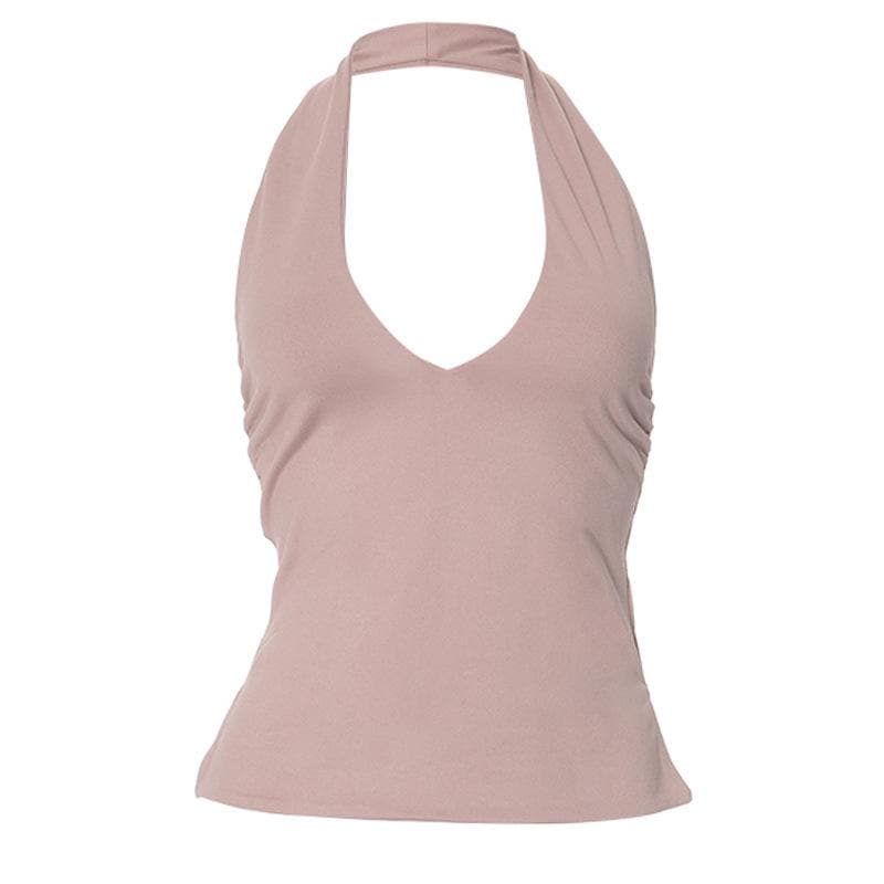 Halter v neck ruched slit backless top