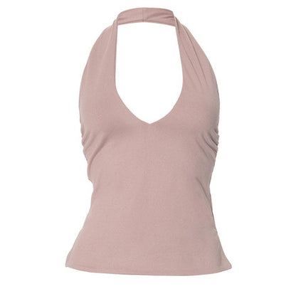 Halter v neck ruched slit backless top