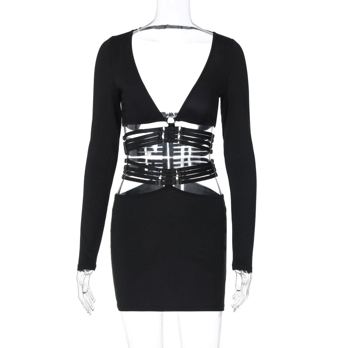 Long sleeve v neck adjustable o ring mini skirt set