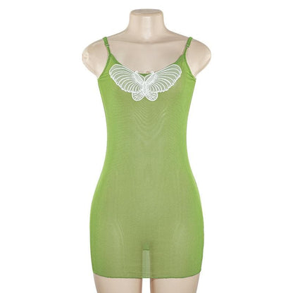U neck butterfly embroidery sheer mesh cami mini dress