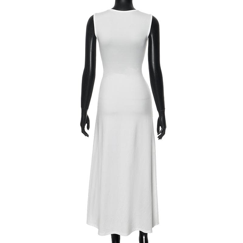 Crewneck ruched patchwork irregular tank midi dress