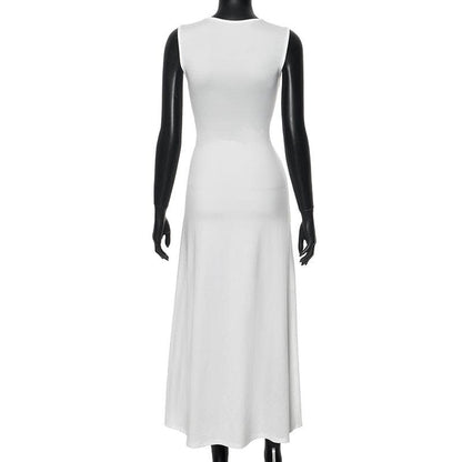 Crewneck ruched patchwork irregular tank midi dress