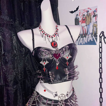PU leather heart applique v neck backless cami top