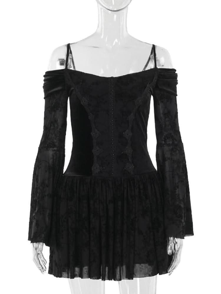 Off shoulder long flared sleeve velvet mini dress