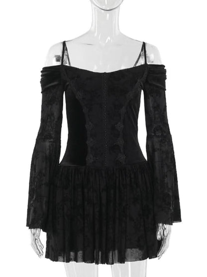 Off shoulder long flared sleeve velvet mini dress