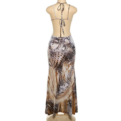 Hollow out snakeskin print halter self tie cut out maxi dress